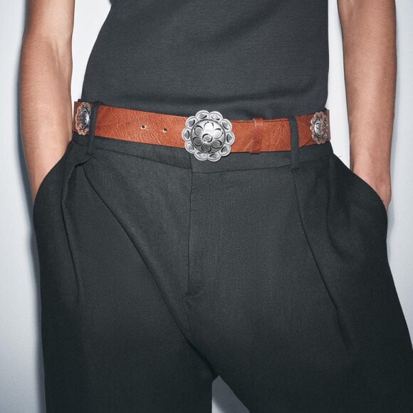 NWT ZARA LEATHER BELT WITH METAL FLOWER BROWN - Picture 4 of 4